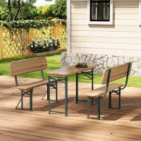 Set of 3 Outdoor Chair and Foldable Table Benches Set Garden Bistro Set Dining Room Set Brown