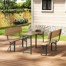 Set of 3 Outdoor Chair and Foldable Table Benches Set Garden Bistro Set Dining Room Set Brown