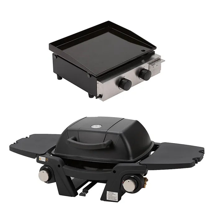 Black Outdoor Portable BBQ Gas Grill Large Food Cooking Grilling with Side Tables