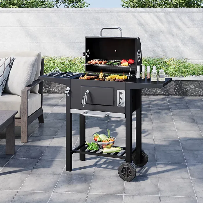 Outdoor Charcoal Black Portable BBQ Grill Garden Camping Charcoal Grill with Side Tables 96.5cm H