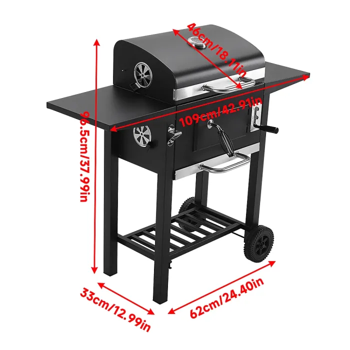 Outdoor Charcoal Black Portable BBQ Grill Garden Camping Charcoal Grill with Side Tables 96.5cm H