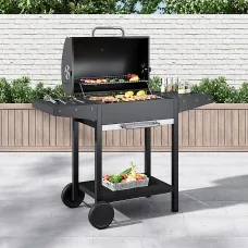 Outdoor Charcoal Black Portable BBQ Grill Garden Camping Charcoal Grill with Side Tables and Wheels 101cm H