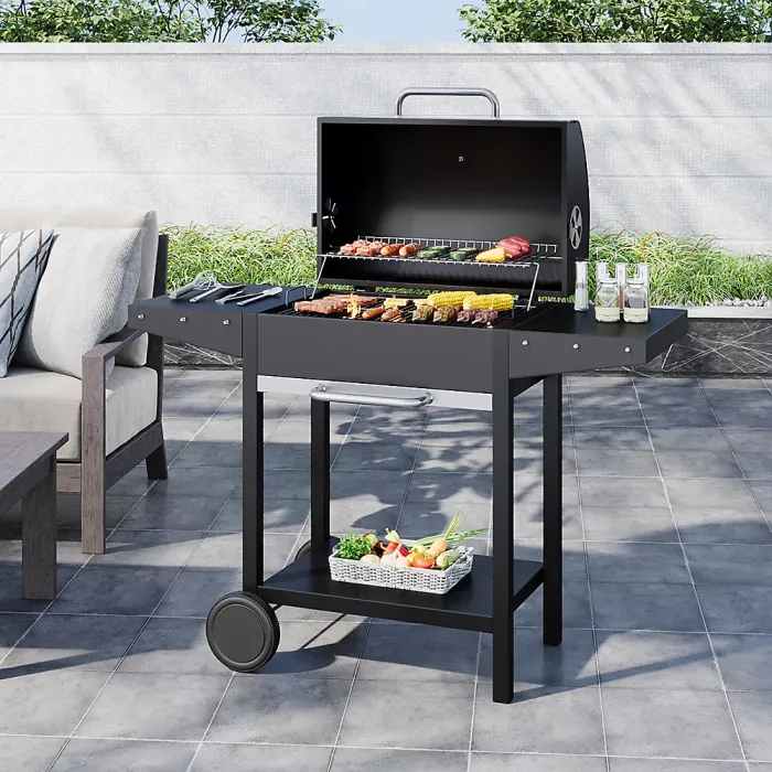 Outdoor Charcoal Black Portable BBQ Grill Garden Camping Charcoal Grill with Side Tables and Wheels 101cm H