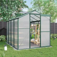8x6ft Aluminium Outdoor Hobby Greenhouse Garden Polycarbonate Panels Walk In Greenhouse with Apex Roof Vent and Sliding Door