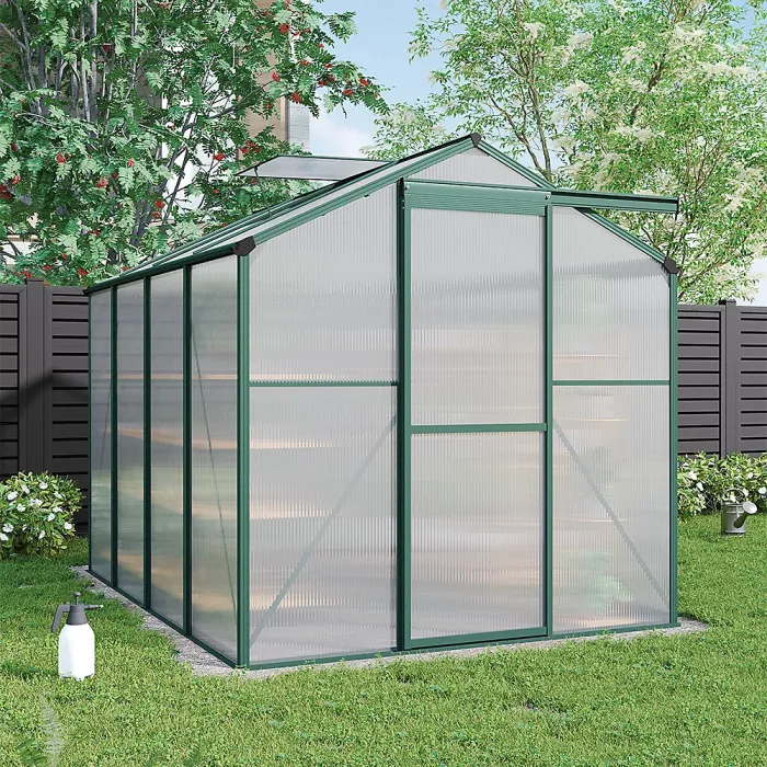 8x6ft Aluminium Outdoor Hobby Greenhouse Garden Polycarbonate Panels Walk In Greenhouse with Apex Roof Vent and Sliding Door