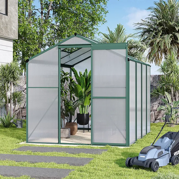 8x6ft Aluminium Outdoor Hobby Greenhouse Garden Polycarbonate Panels Walk In Greenhouse with Apex Roof Vent and Sliding Door