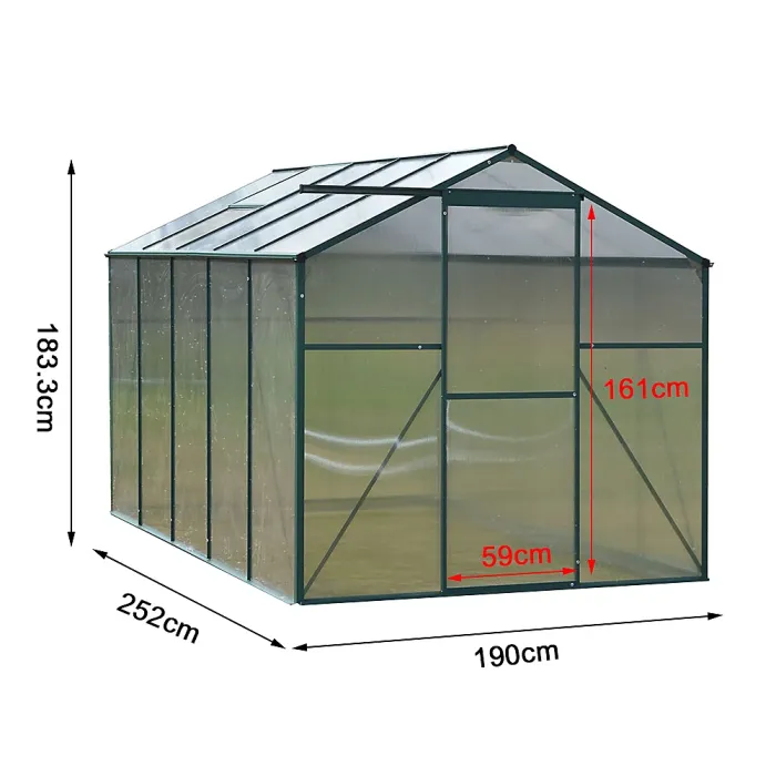 8x6ft Aluminium Outdoor Hobby Greenhouse Garden Polycarbonate Panels Walk In Greenhouse with Apex Roof Vent and Sliding Door