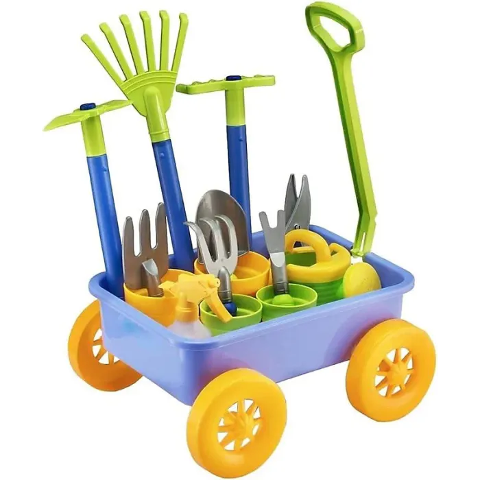 Pull along Kids Wagon Wheelbarrow and Gardening Tools Play Set Includes 10 Accessories and 4 Plant Pots