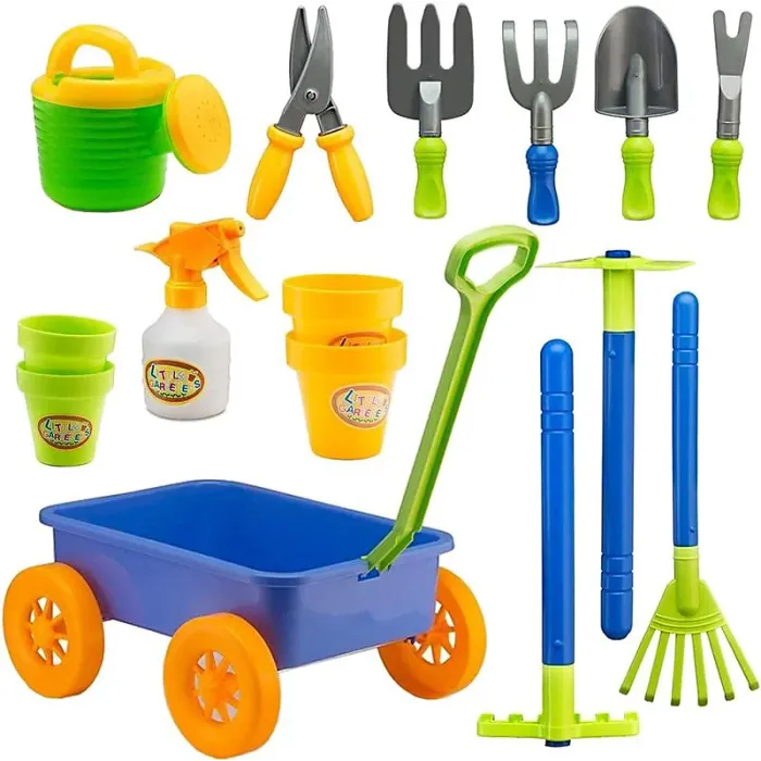 Pull along Kids Wagon Wheelbarrow and Gardening Tools Play Set Includes 10 Accessories and 4 Plant Pots