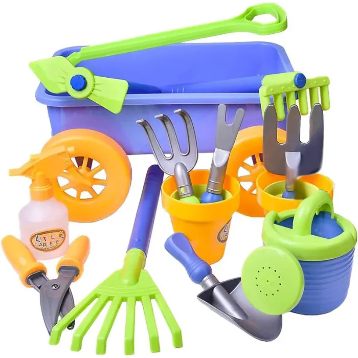 Pull along Kids Wagon Wheelbarrow and Gardening Tools Play Set Includes 10 Accessories and 4 Plant Pots