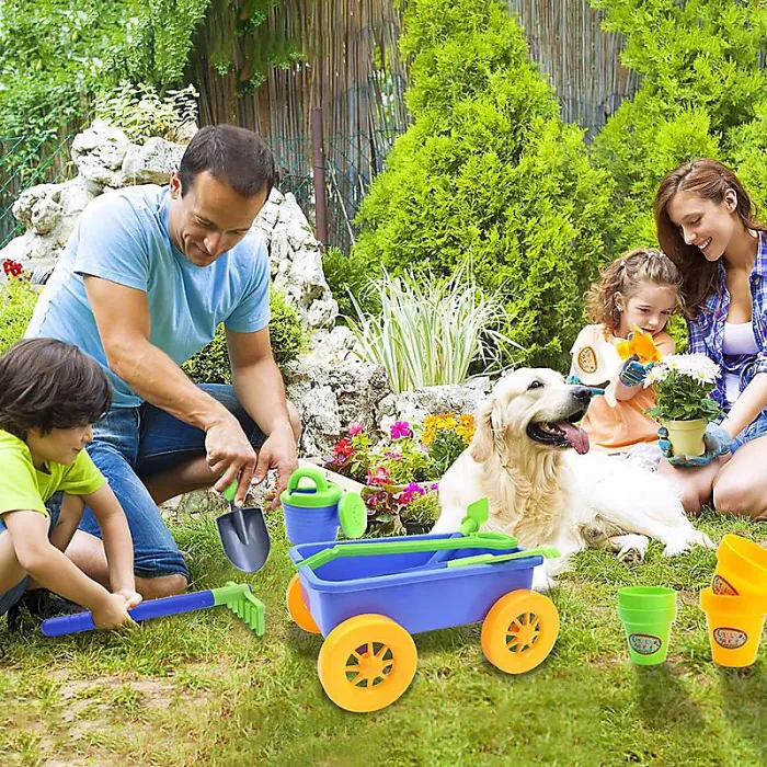Pull along Kids Wagon Wheelbarrow and Gardening Tools Play Set Includes 10 Accessories and 4 Plant Pots