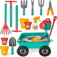 Outdoor Pull along Wheelbarrow and Gardening Tools Play Set with accessories, Plant Pots, Shovels, Watering Can ect