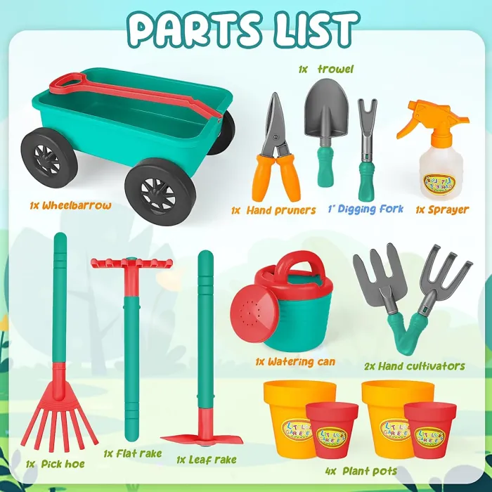 Outdoor Pull along Wheelbarrow and Gardening Tools Play Set with accessories, Plant Pots, Shovels, Watering Can ect