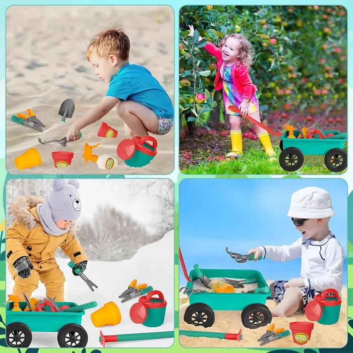 Outdoor Pull along Wheelbarrow and Gardening Tools Play Set with accessories, Plant Pots, Shovels, Watering Can ect