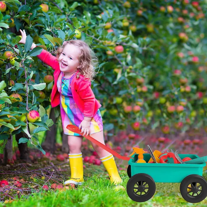 Outdoor Pull along Wheelbarrow and Gardening Tools Play Set with accessories, Plant Pots, Shovels, Watering Can ect