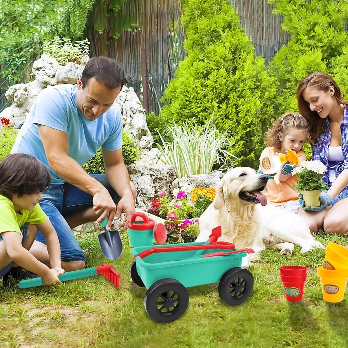 Outdoor Pull along Wheelbarrow and Gardening Tools Play Set with accessories, Plant Pots, Shovels, Watering Can ect