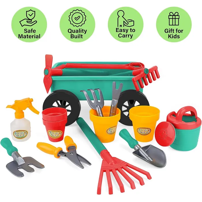 Outdoor Pull along Wheelbarrow and Gardening Tools Play Set with accessories, Plant Pots, Shovels, Watering Can ect