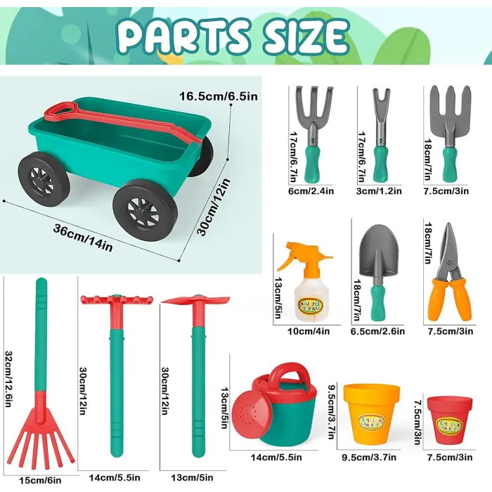 Outdoor Pull along Wheelbarrow and Gardening Tools Play Set with accessories, Plant Pots, Shovels, Watering Can ect