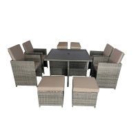 9 Pieces Rattan Cube Garden Dining Table Set with Cushions, Square Glass Top Table, Padded Armchair, Stools
