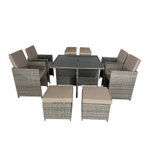 9 Pieces Rattan Cube Garden Dining Table Set with Cushions, Square Glass Top Table, Padded Armchair, Stools