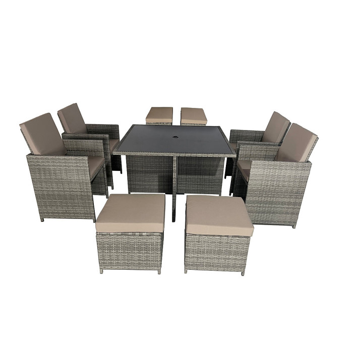 9 Pieces Rattan Cube Garden Dining Table Set with Cushions, Square Glass Top Table, Padded Armchair, Stools