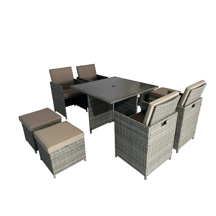 9 Pieces Rattan Cube Garden Dining Table Set with Cushions, Square Glass Top Table, Padded Armchair, Stools