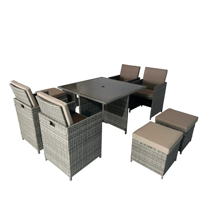 9 Pieces Rattan Cube Garden Dining Table Set with Cushions, Square Glass Top Table, Padded Armchair, Stools