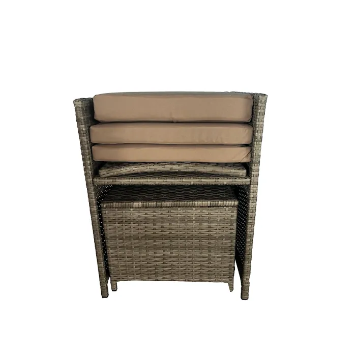 9 Pieces Rattan Cube Garden Dining Table Set with Cushions, Square Glass Top Table, Padded Armchair, Stools