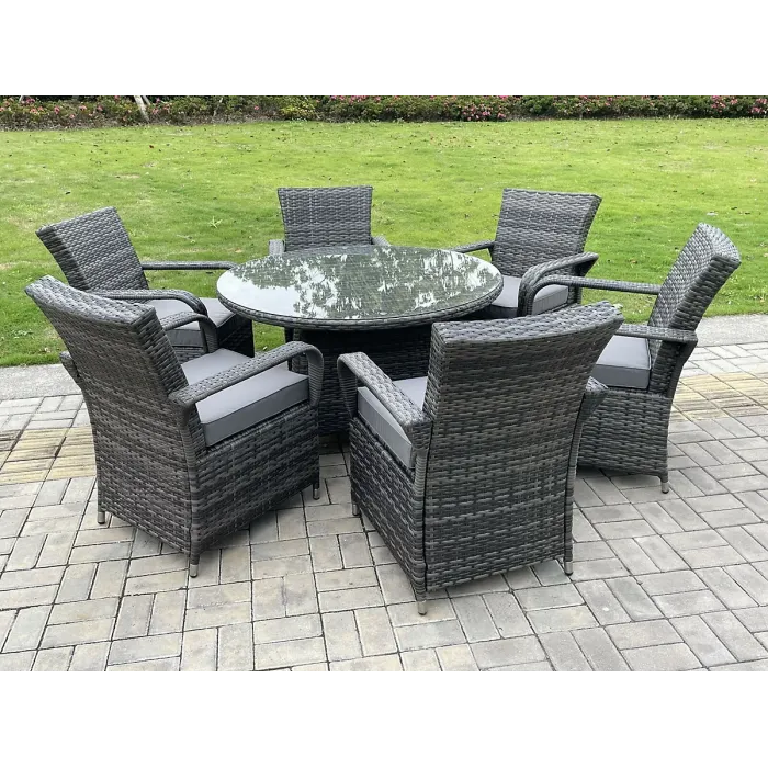 Fimous Rattan Garden Furniture Dining Set Table And Chair Sets Pe Wicker Patio Outdoor 6 Chairs Plus Big Round Table