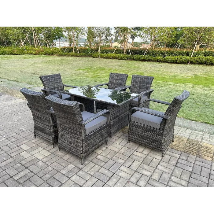 Fimous Rattan Garden Furniture Dining Set Table And Chairs Sets PE Wicker Patio Outdoor 6 Chairs Plus Rectangular Table