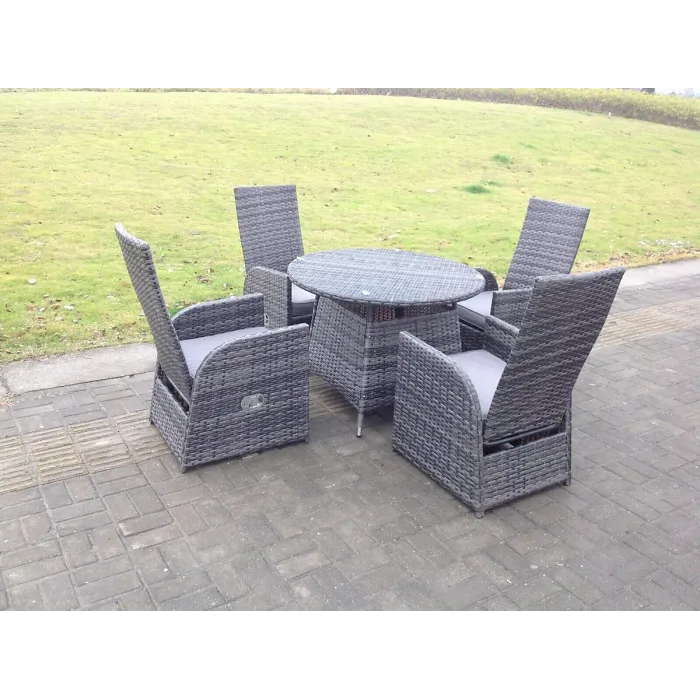 Fimous Dark Grey Outdoor Wicker Rattan Garden Furniture Reclining Chair And Table Dining Sets 4 Seater Round Table for Balcony