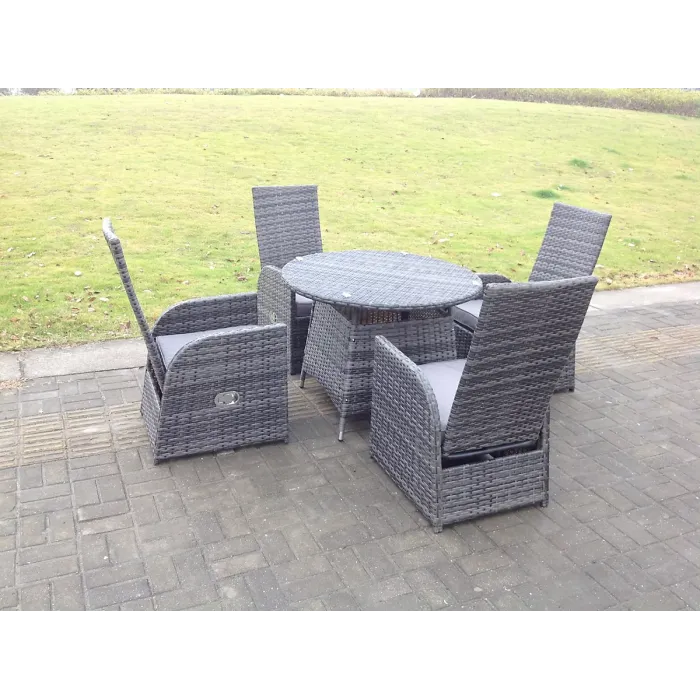 Fimous Dark Grey Outdoor Wicker Rattan Garden Furniture Reclining Chair And Table Dining Sets 4 Seater Round Table for Balcony