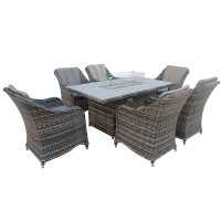 7-Piece Rattan Outdoor Dining Set, 6 Seater with 160x96 CM Fire Pit Table, Fully Assembled Chair