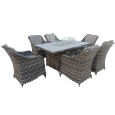 7-Piece Rattan Outdoor Dining Set, 6 Seater with 160x96 CM Fire Pit Table, Fully Assembled Chair