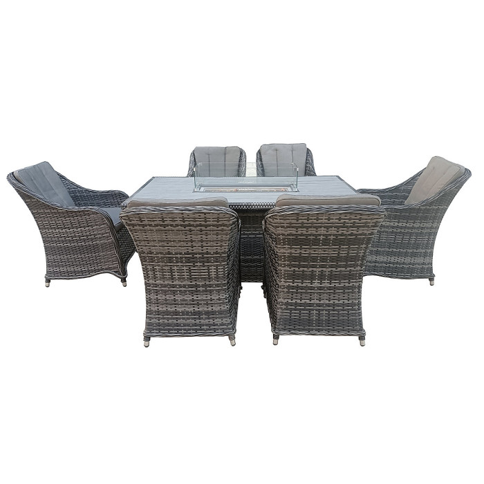 7-Piece Rattan Outdoor Dining Set, 6 Seater with 160x96 CM Fire Pit Table, Fully Assembled Chair
