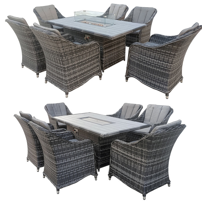 7-Piece Rattan Outdoor Dining Set, 6 Seater with 160x96 CM Fire Pit Table, Fully Assembled Chair