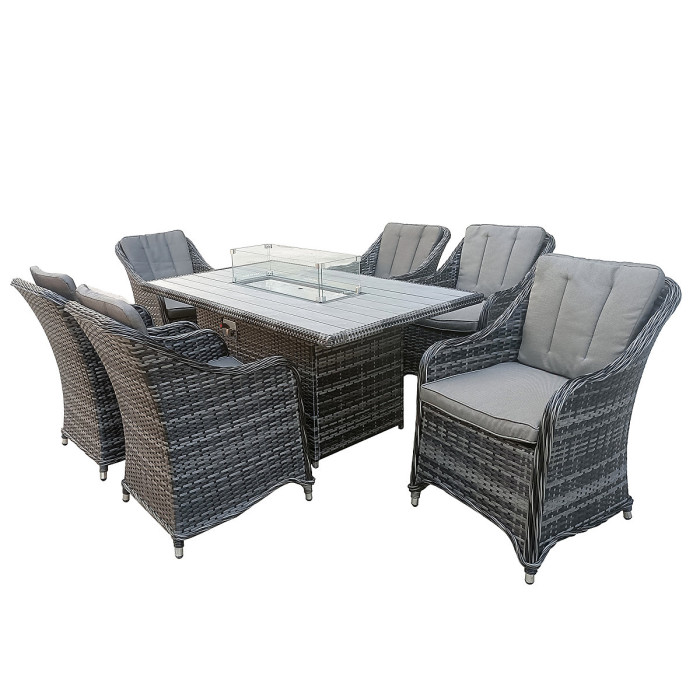 7-Piece Rattan Outdoor Dining Set, 6 Seater with 160x96 CM Fire Pit Table, Fully Assembled Chair