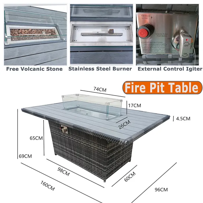 7-Piece Rattan Outdoor Dining Set, 6 Seater with 160x96 CM Fire Pit Table, Fully Assembled Chair