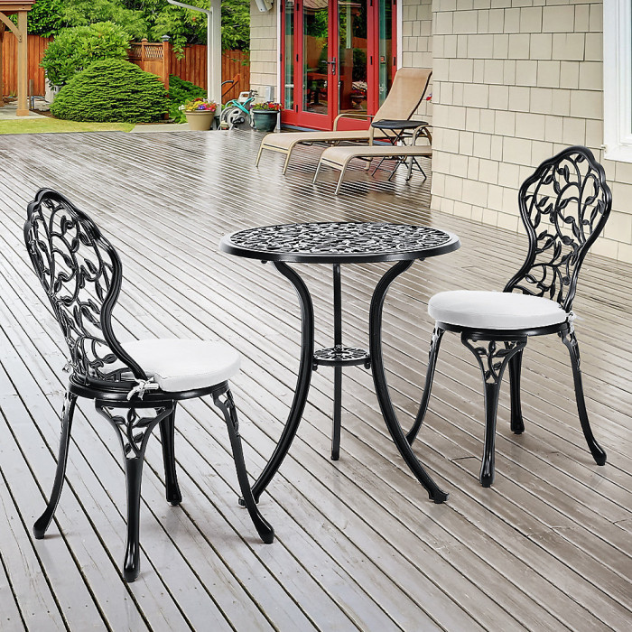 3pcs Black Round Leaf Pattern Cast Aluminum Outdoor Bistro Table and Chairs Set with Cushions