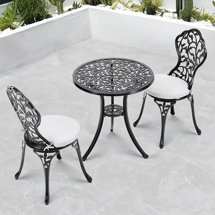 3pcs Black Round Leaf Pattern Cast Aluminum Outdoor Bistro Table and Chairs Set with Cushions