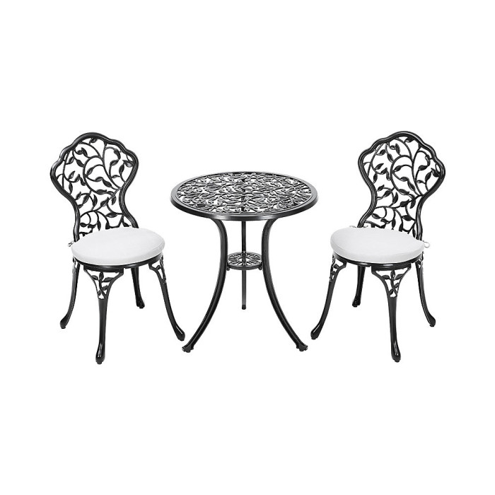 3pcs Black Round Leaf Pattern Cast Aluminum Outdoor Bistro Table and Chairs Set with Cushions