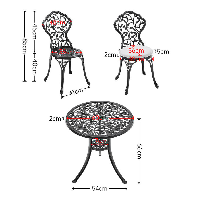 3pcs Black Round Leaf Pattern Cast Aluminum Outdoor Bistro Table and Chairs Set with Cushions