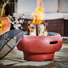 Teamson Home Outdoor Garden Wood Burning Fire Pit, Log Burner with Poker, Grill & Lid, Concrete Base, Red - 53 x 53 x 47 (cm)
