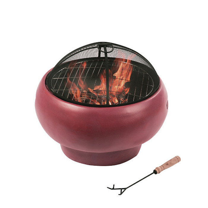 Teamson Home Outdoor Garden Wood Burning Fire Pit, Log Burner with Poker, Grill & Lid, Concrete Base, Red - 53 x 53 x 47 (cm)