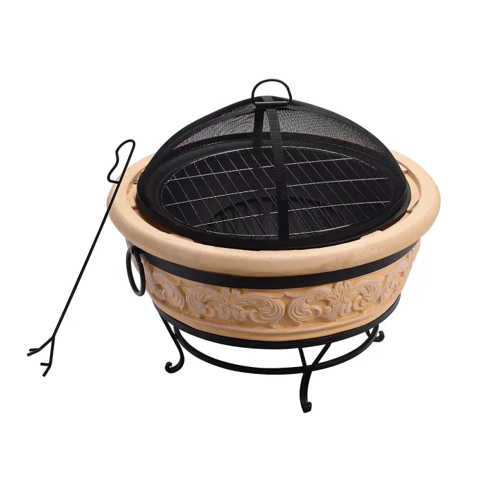 Teamson Home HR26303AA-S Sand Wood Burning Fire Pit inc Poker, Grill, Lid