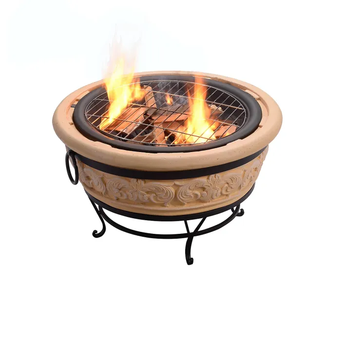 Teamson Home HR26303AA-S Sand Wood Burning Fire Pit inc Poker, Grill, Lid