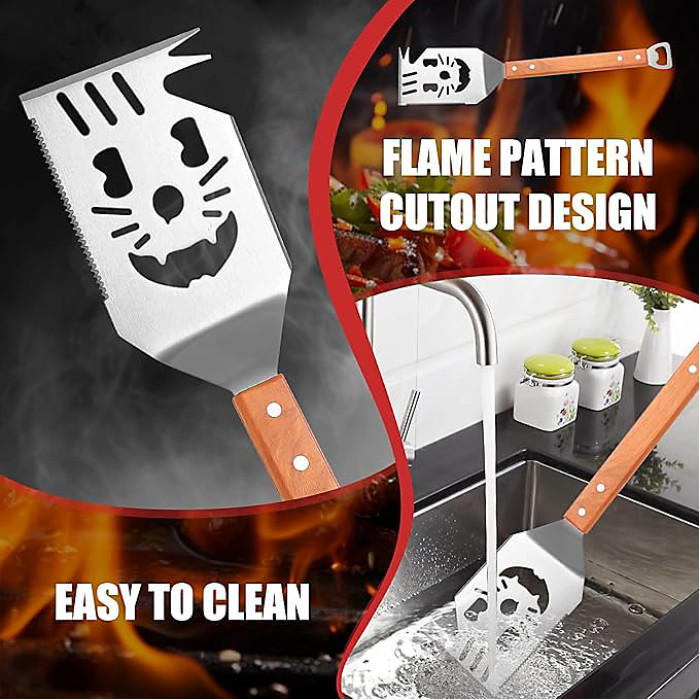 in 1 Grill Spatula, Multi-Function Cooking Utensil with Wooden Handle, Stainless Steel Grill Spatula, Ideal Cooking Accessory