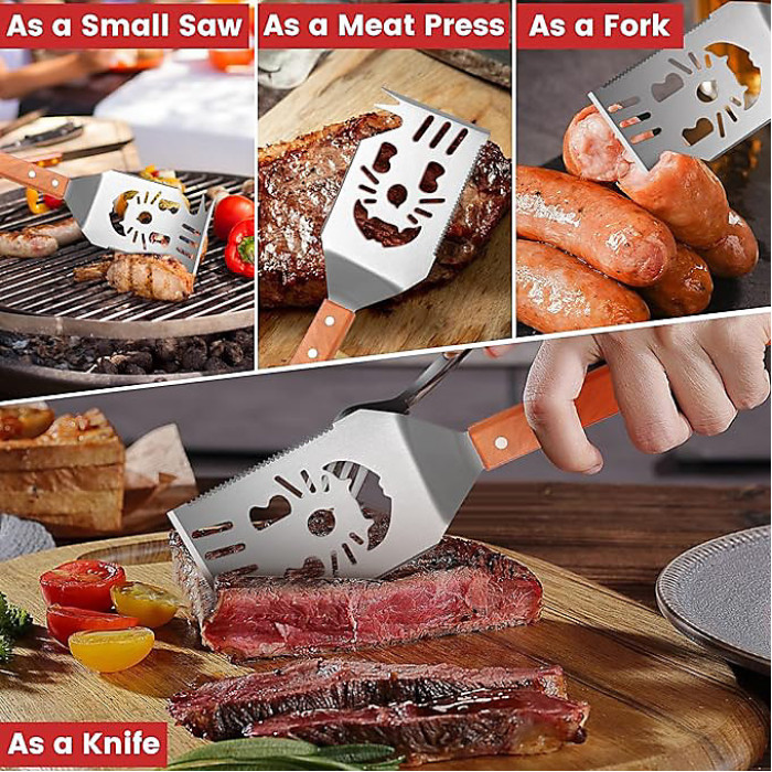 in 1 Grill Spatula, Multi-Function Cooking Utensil with Wooden Handle, Stainless Steel Grill Spatula, Ideal Cooking Accessory