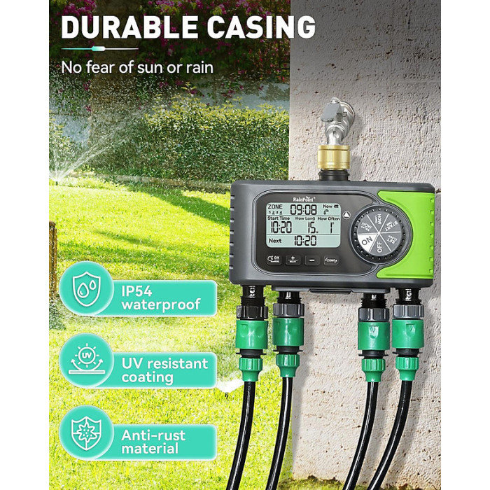 4-Outlet Water Timer with Brass Inlet, 4 Zone Programmable Automatic Irrigation Hose Sprinkler Timer
