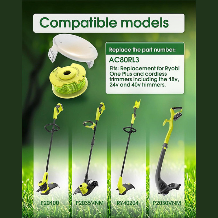 8 Pcs Spool and 2 covers Strimmer Spool Line for Ryobi One PLUS+ AC80RL3 Cordless Trimmers